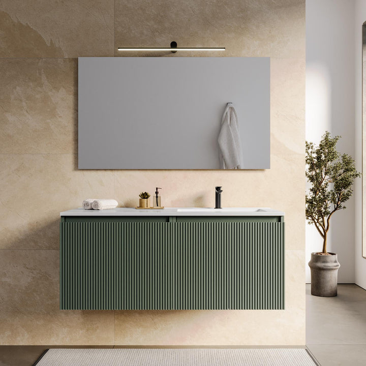 120 cm suspended bathroom cabinet in reeded concrete green with right sink and mirror - Nerk