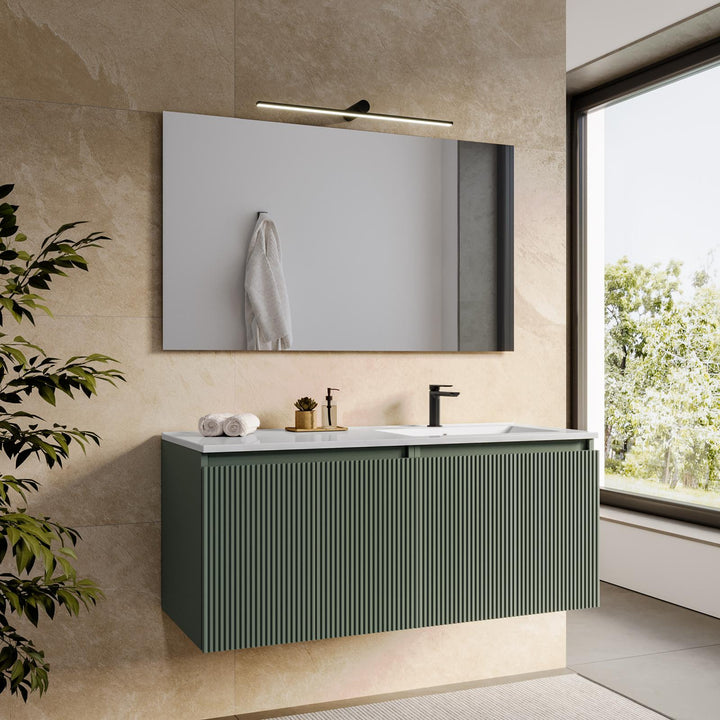 120 cm suspended bathroom cabinet in reeded concrete green with right sink and mirror - Nerk