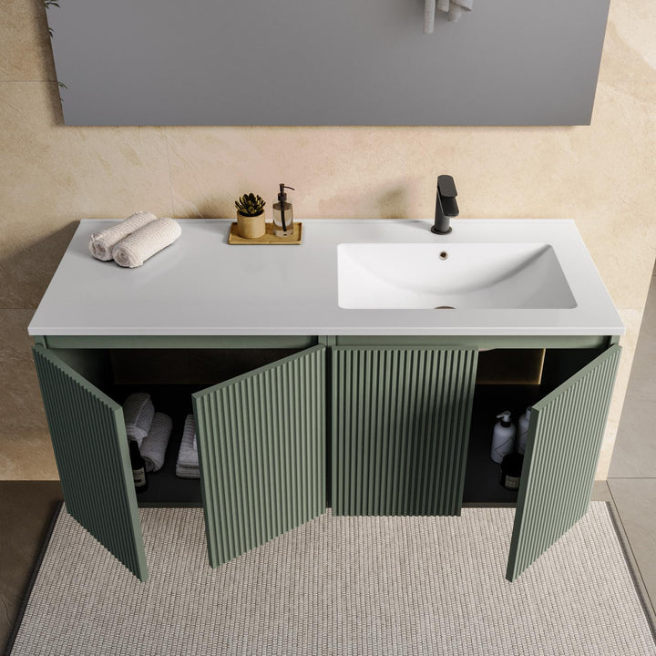 120 cm suspended bathroom cabinet in reeded concrete green with right sink and mirror - Nerk
