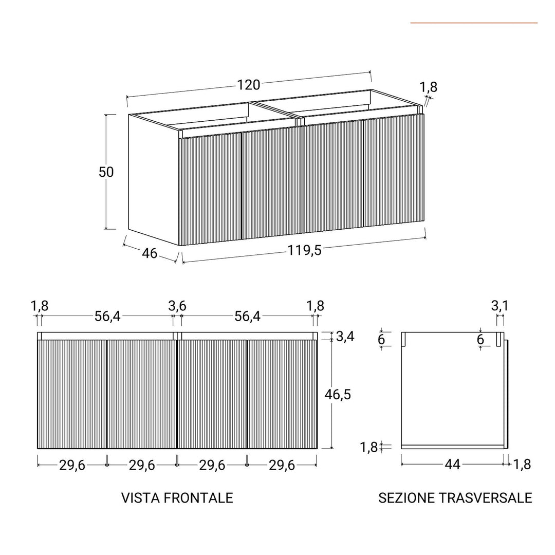 120 cm suspended bathroom cabinet in reeded concrete green with right sink and mirror - Nerk