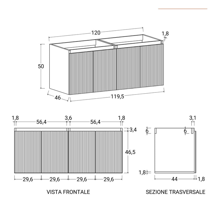 120 cm suspended bathroom cabinet in reeded concrete green with right sink and mirror - Nerk