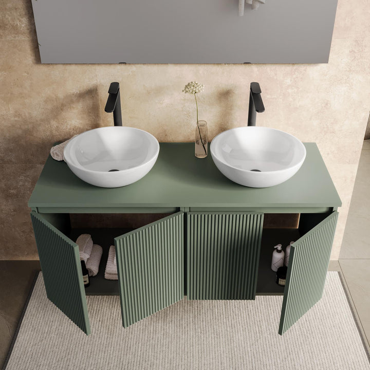 120cm Suspended Bathroom Cabinet in Reeded Concrete Green with Top and Mirror – Nerk