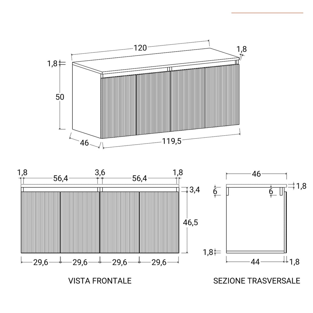 120cm Suspended Bathroom Cabinet in Reeded Concrete Green with Top and Mirror – Nerk