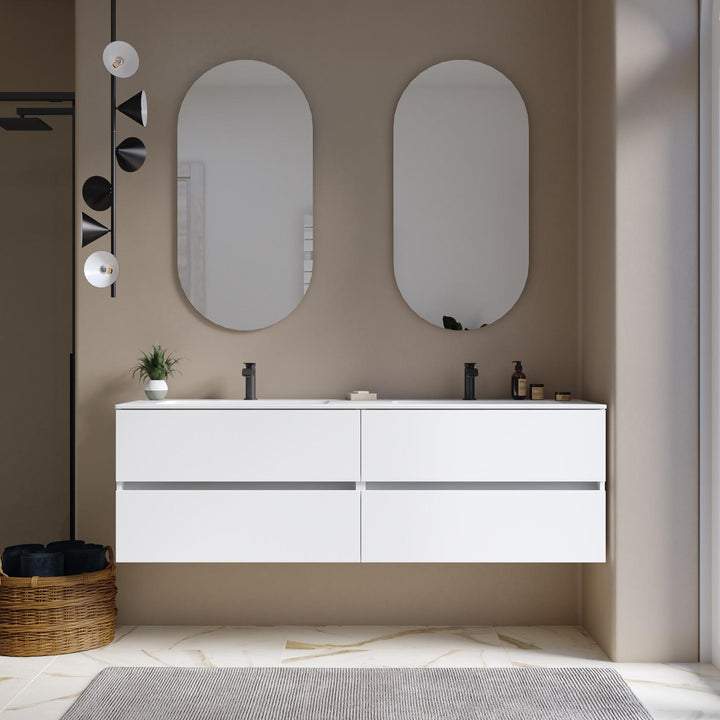 160 cm matt white suspended bathroom cabinet with drawers and double basin sink with mirror - Cuki