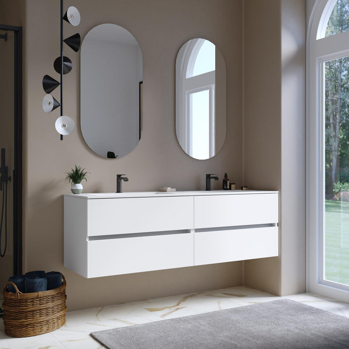 160 cm matt white suspended bathroom cabinet with drawers and double basin sink with mirror - Cuki