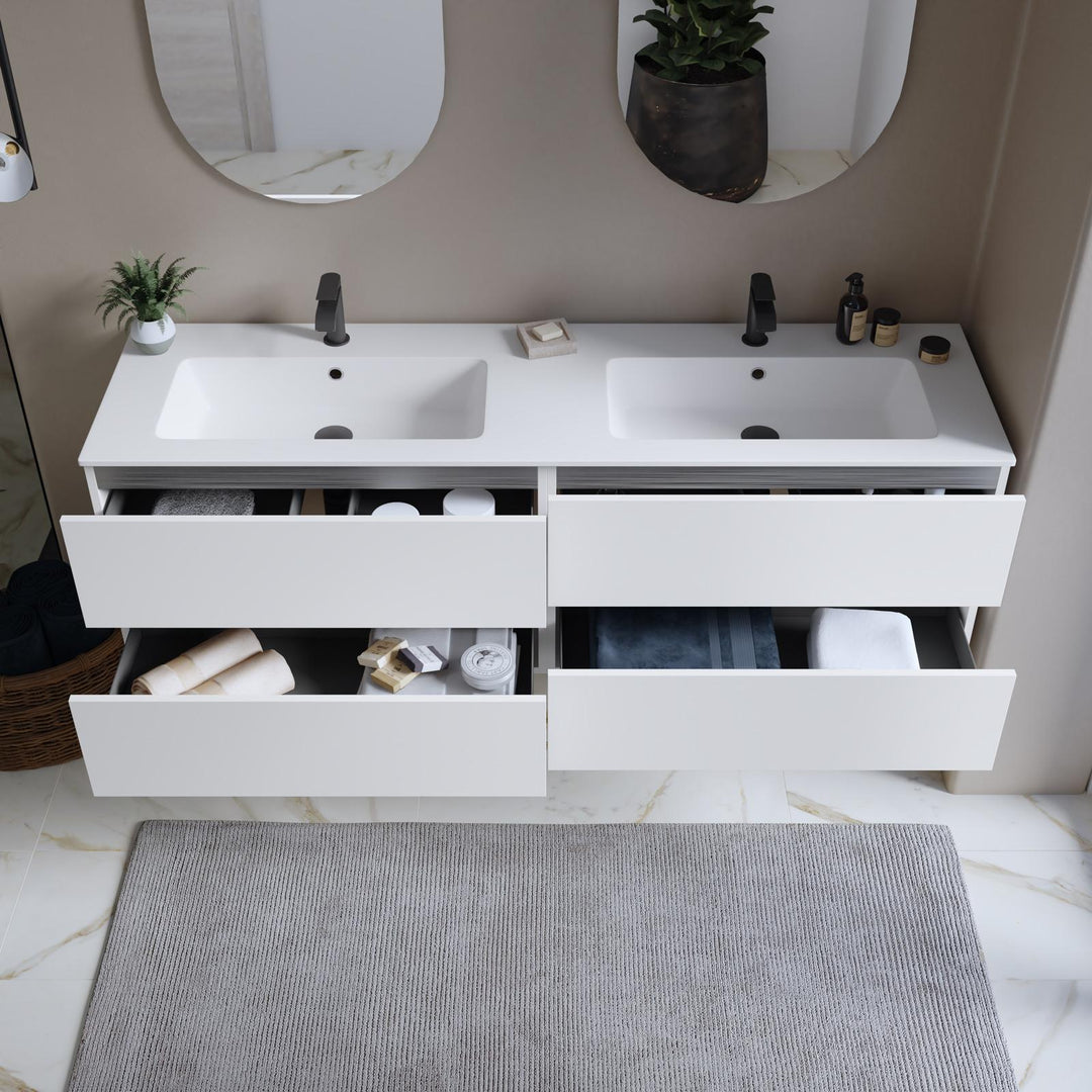 160 cm matt white suspended bathroom cabinet with drawers and double basin sink with mirror - Cuki
