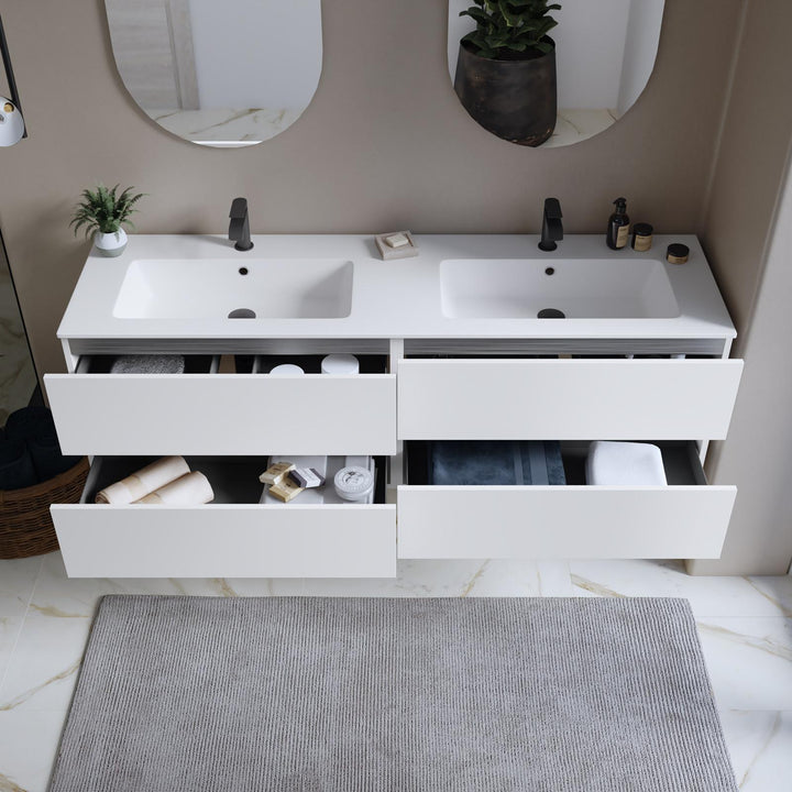 160 cm matt white suspended bathroom cabinet with drawers and double basin sink with mirror - Cuki