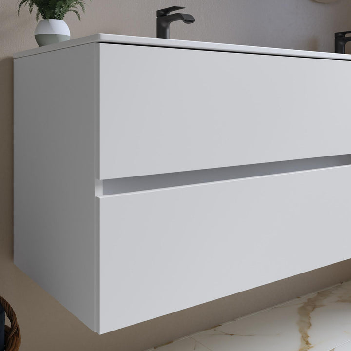 160 cm matt white suspended bathroom cabinet with drawers and double basin sink with mirror - Cuki