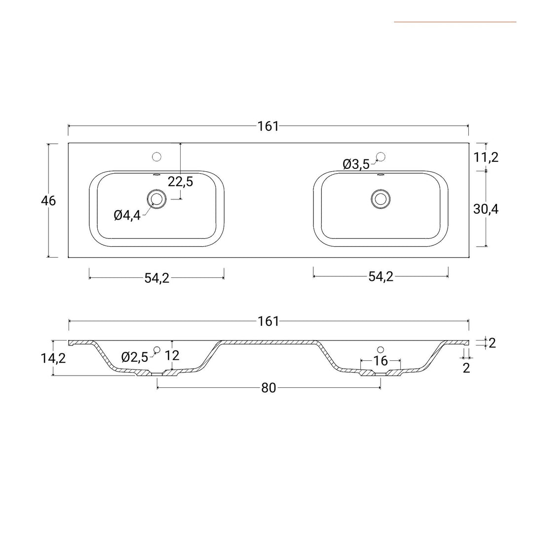 160 cm matt white suspended bathroom cabinet with drawers and double basin sink with mirror - Cuki