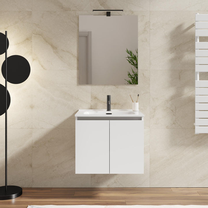 60 cm matt white suspended bathroom cabinet with sink and mirror - Cuki