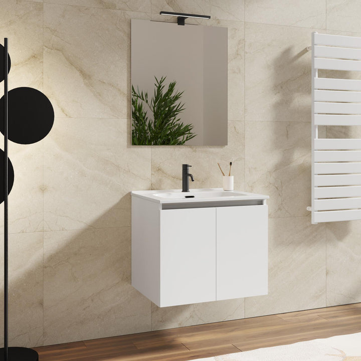 60 cm matt white suspended bathroom cabinet with sink and mirror - Cuki
