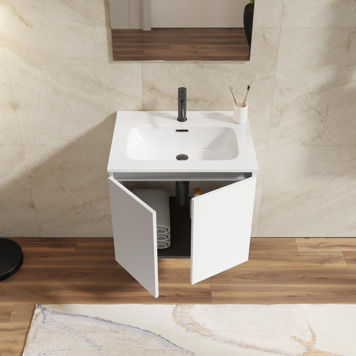 60 cm matt white suspended bathroom cabinet with sink and mirror - Cuki