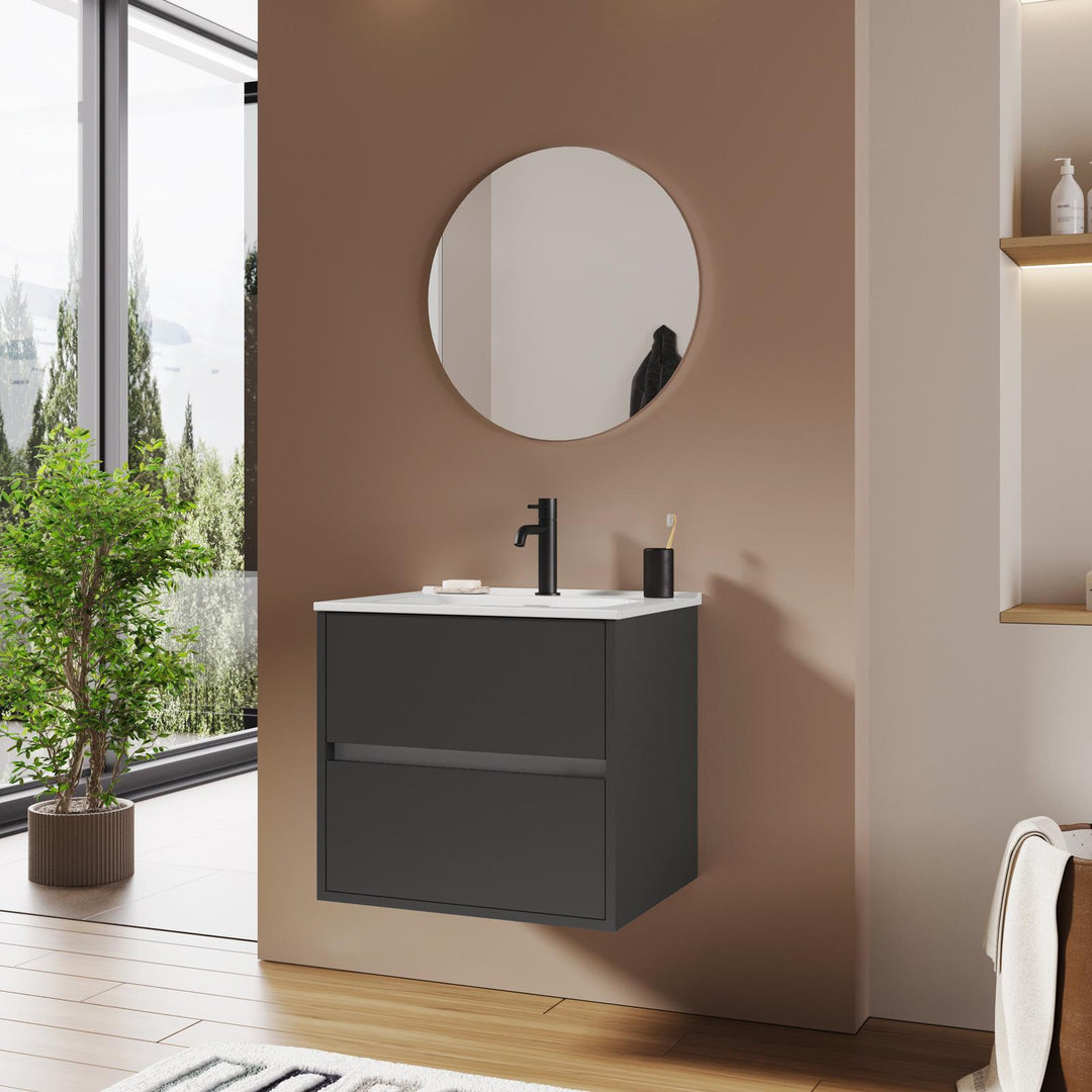 60 cm matt anthracite suspended bathroom cabinet with sink and mirror - Dedalo