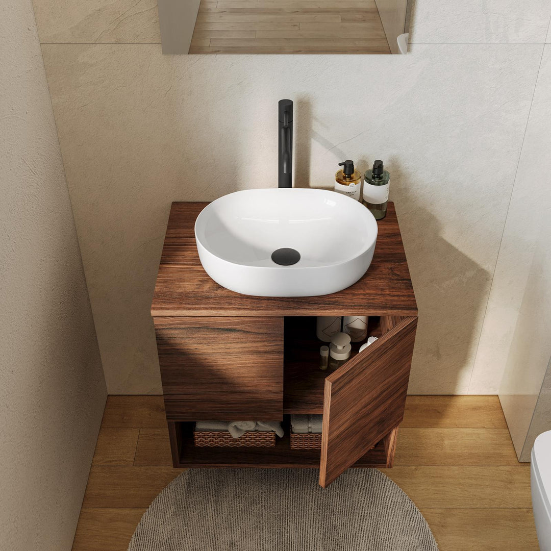 Suspended Bathroom Cabinet with Doors 60 cm Oak Finish with Top and Mirror – Lion