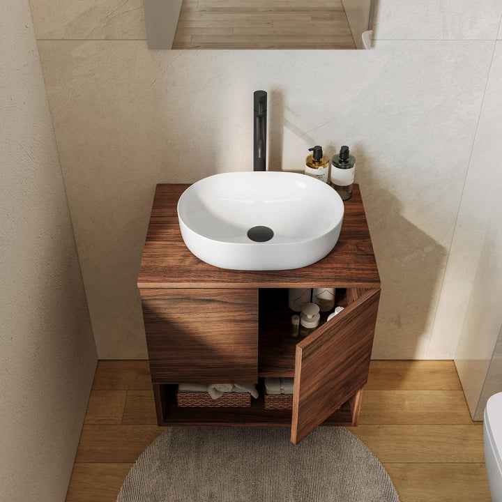 Suspended Bathroom Cabinet with Doors 60 cm Oak Finish with Top and Mirror – Lion