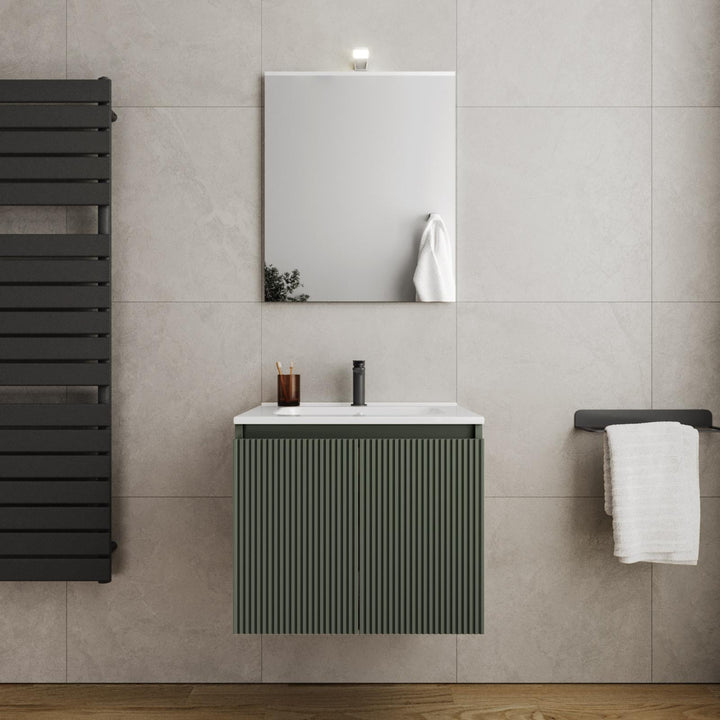 Nerk bathroom cabinet - 60cm ribbed concrete green with sink and mirror