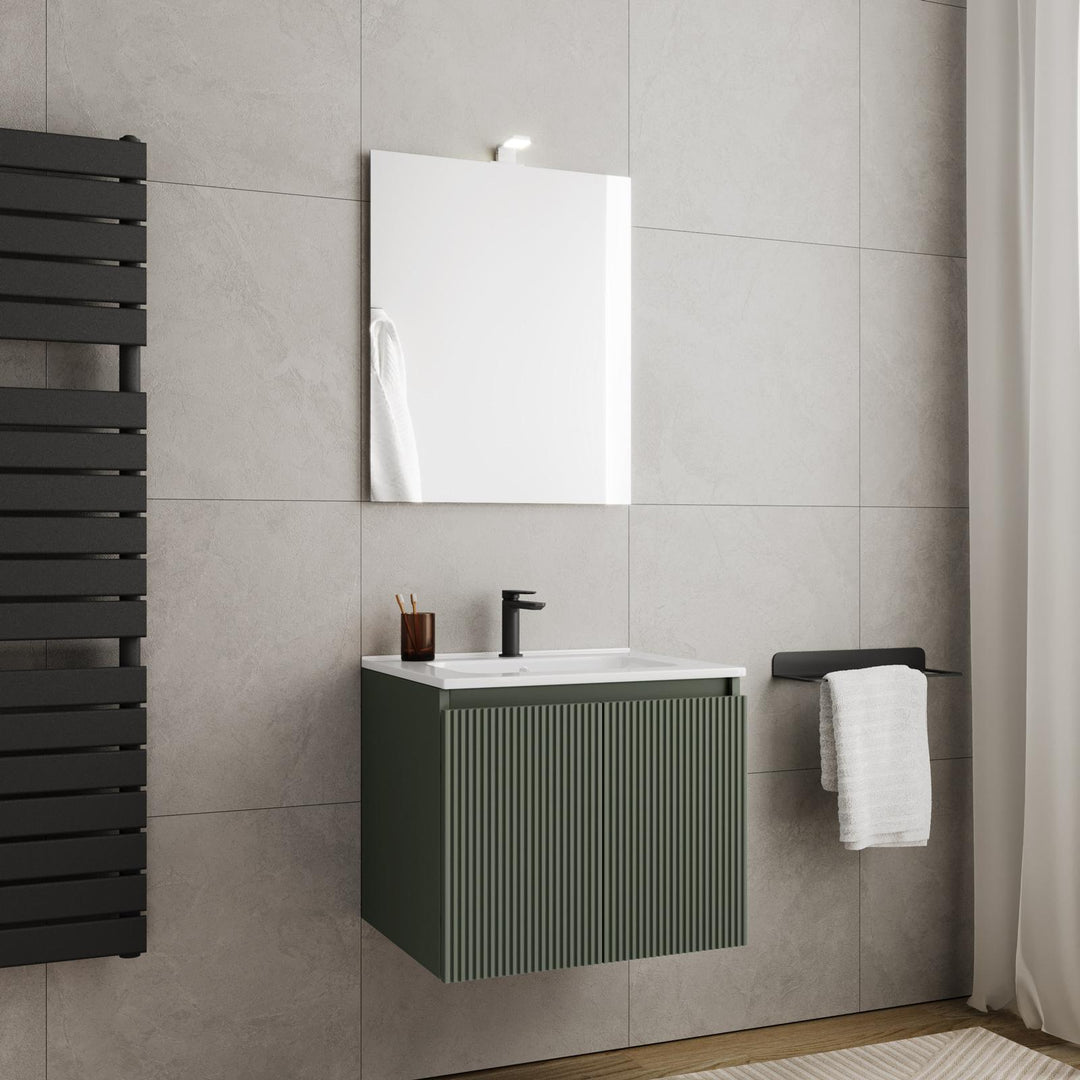 60cm suspended bathroom cabinet in ribbed concrete green with sink and mirror - Nerk