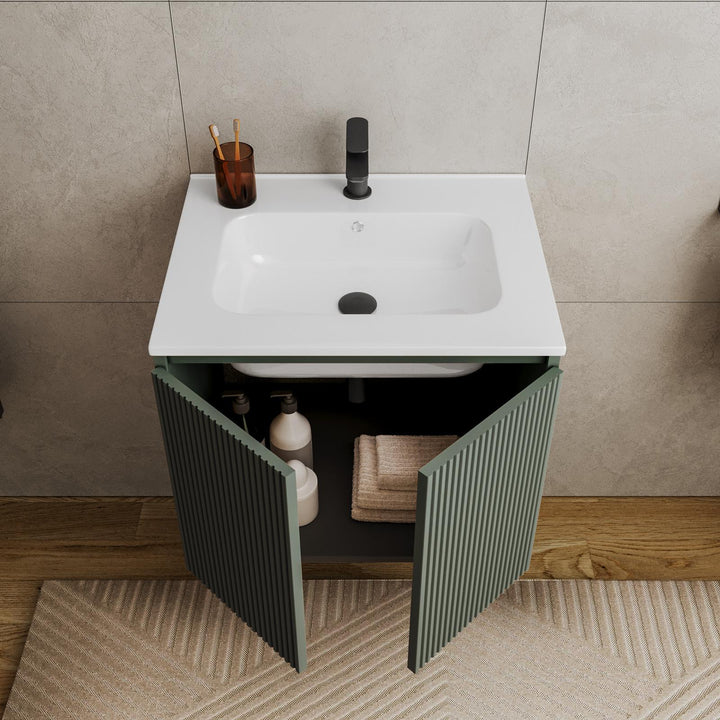 60cm suspended bathroom cabinet in ribbed concrete green with sink and mirror - Nerk