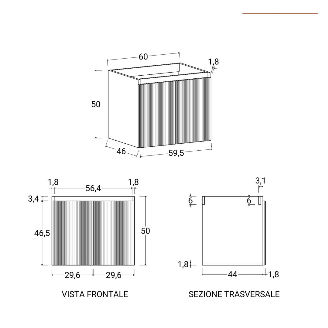 60cm suspended bathroom cabinet in ribbed concrete green with sink and mirror - Nerk