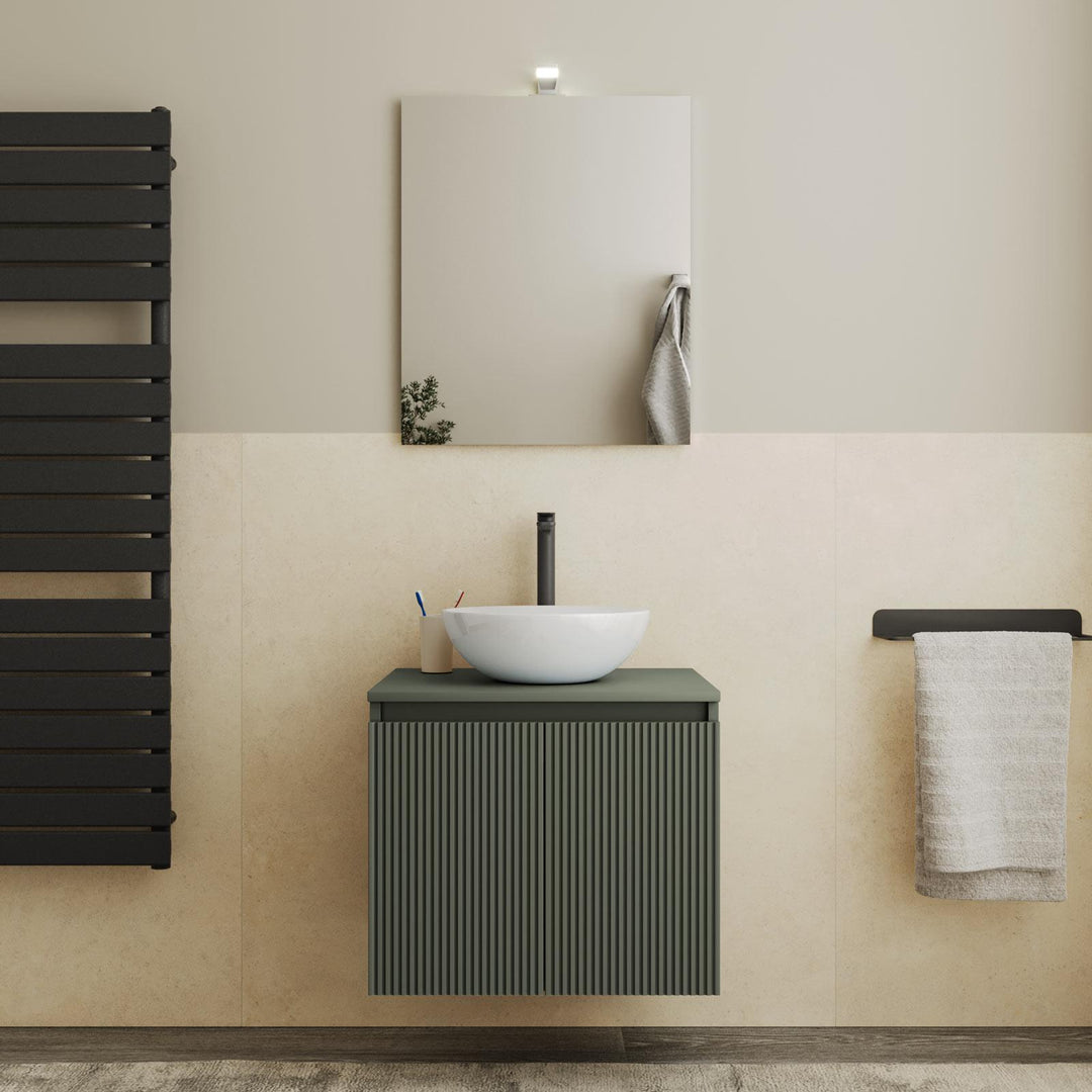 60cm suspended bathroom cabinet in reeded concrete green with top and mirror - Nerk