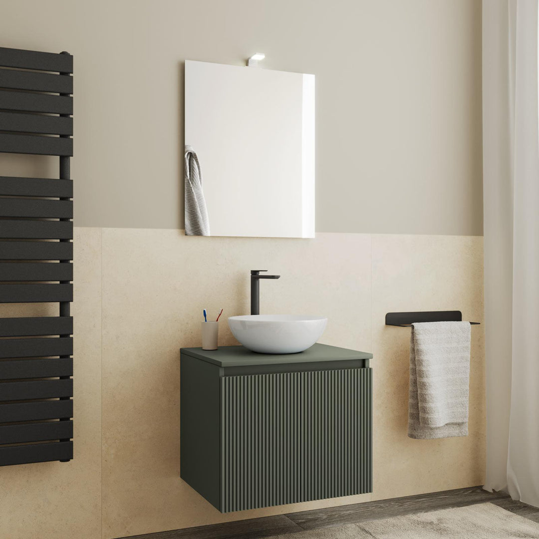60cm suspended bathroom cabinet in reeded concrete green with top and mirror - Nerk