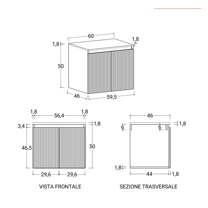 60cm suspended bathroom cabinet in reeded concrete green with top and mirror - Nerk