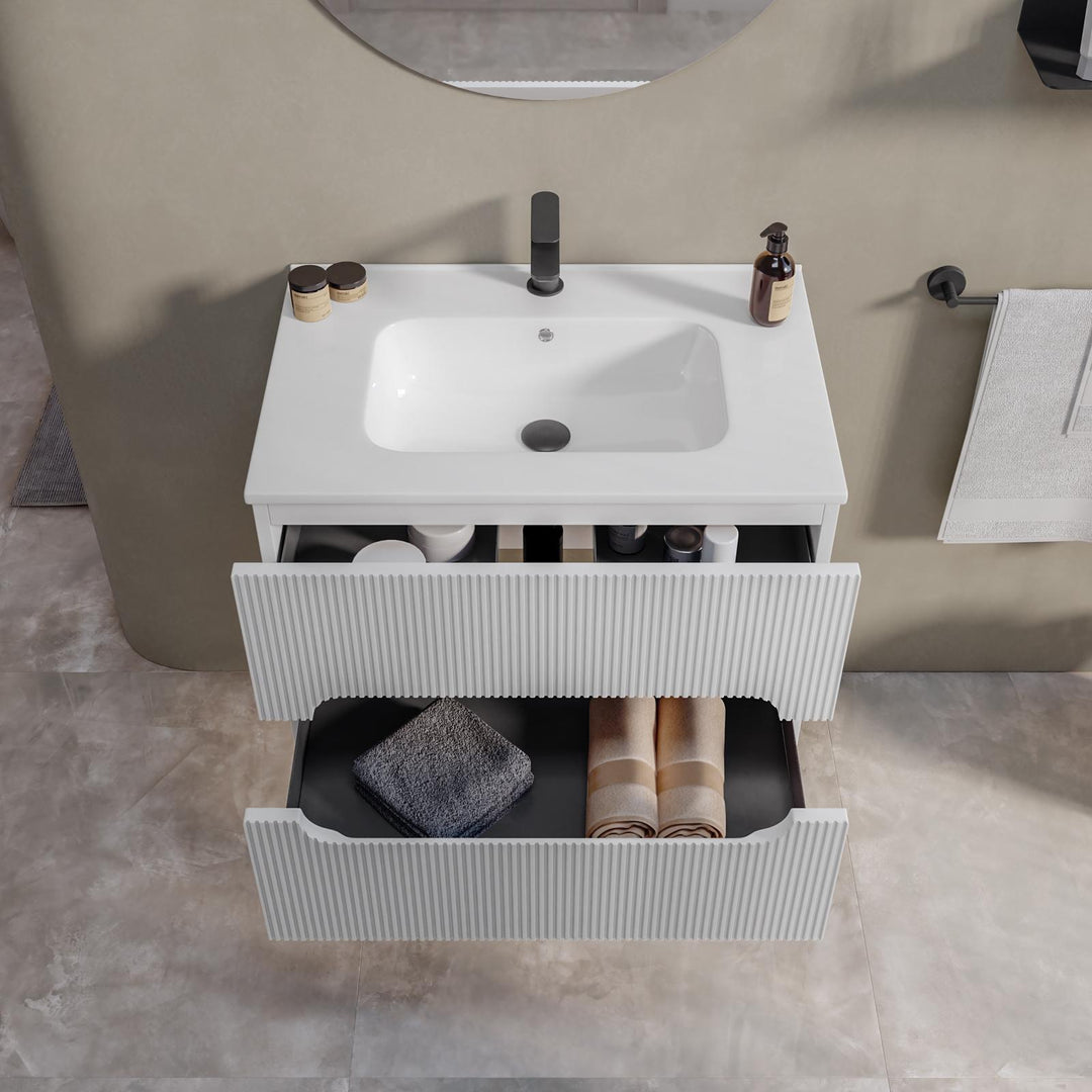 70cm suspended bathroom cabinet with matt white drawers and washbasin with mirror - Tayga