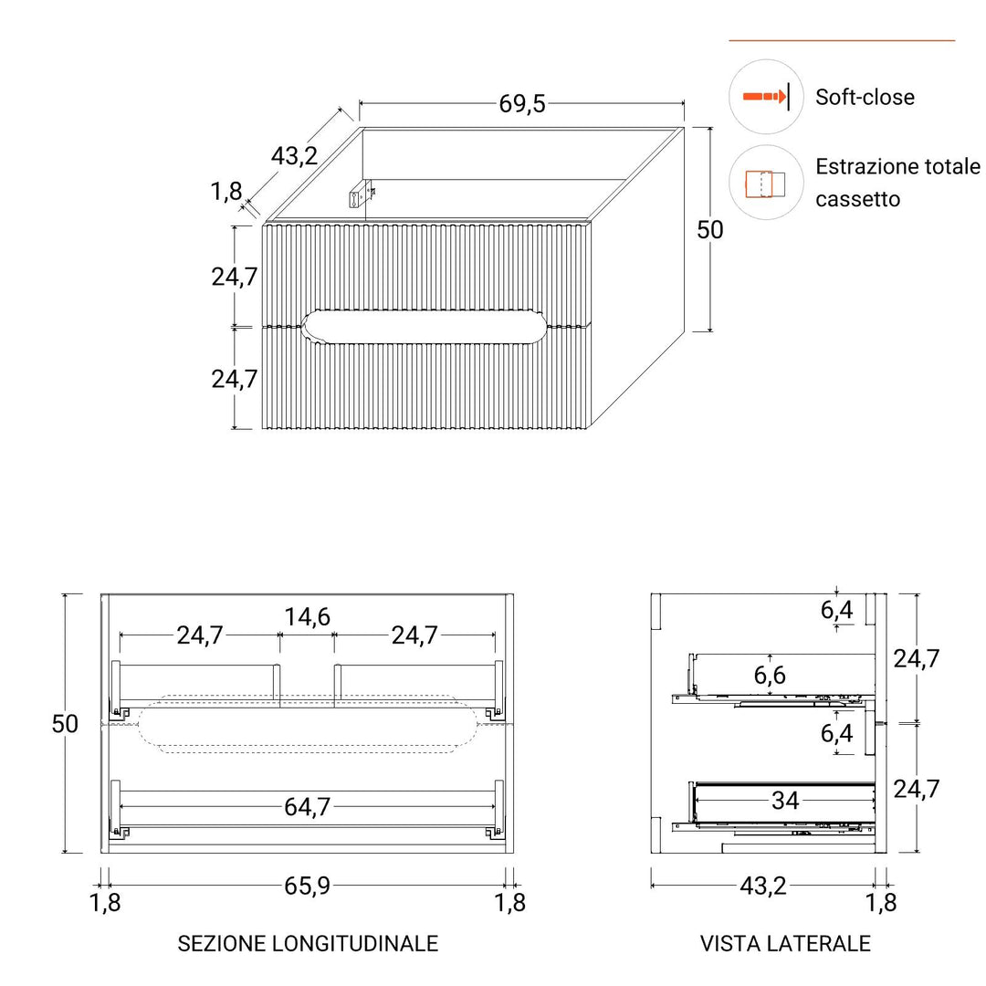 70cm suspended bathroom cabinet with matt white drawers and washbasin with mirror - Tayga