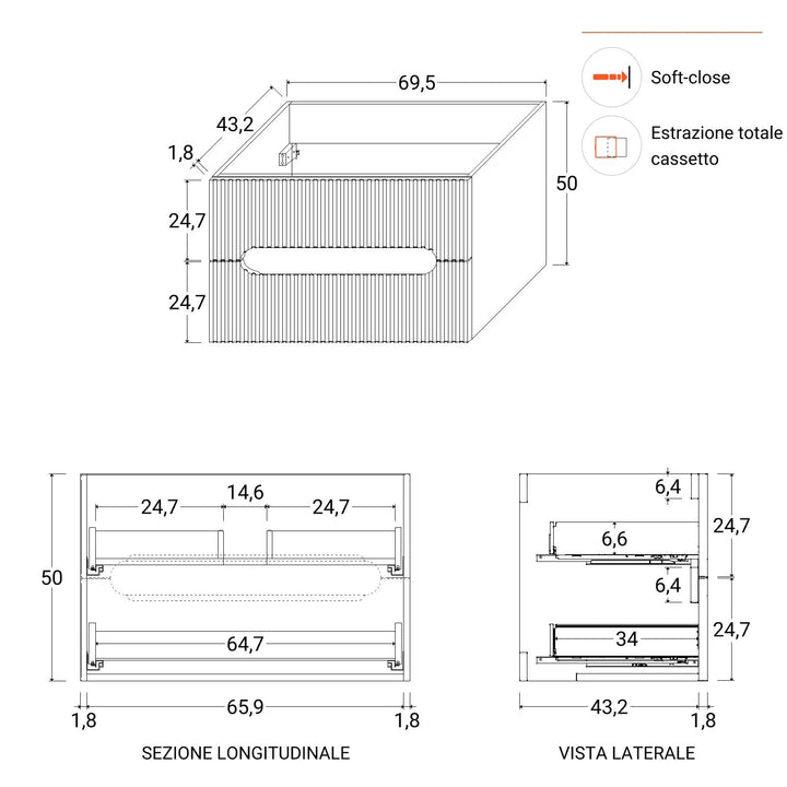 70cm suspended bathroom cabinet with matt white drawers and washbasin with mirror - Tayga