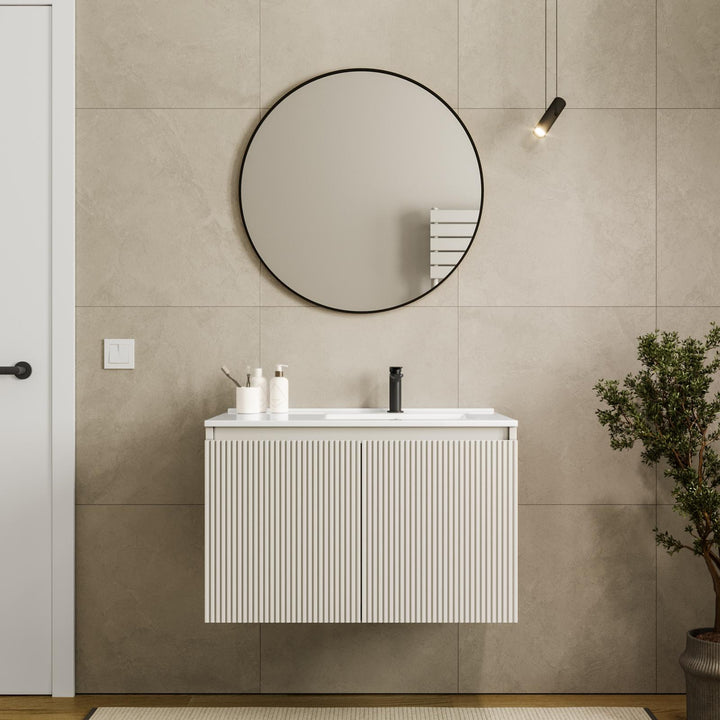 80 cm matt white ribbed suspended bathroom cabinet with right sink and mirror - Nerk