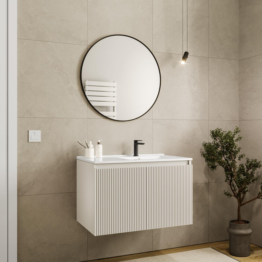 80 cm matt white ribbed suspended bathroom cabinet with right sink and mirror - Nerk