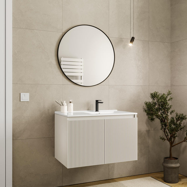 80 cm matt white ribbed suspended bathroom cabinet with right sink and mirror - Nerk