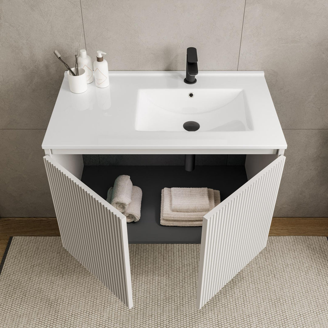 80 cm matt white ribbed suspended bathroom cabinet with right sink and mirror - Nerk
