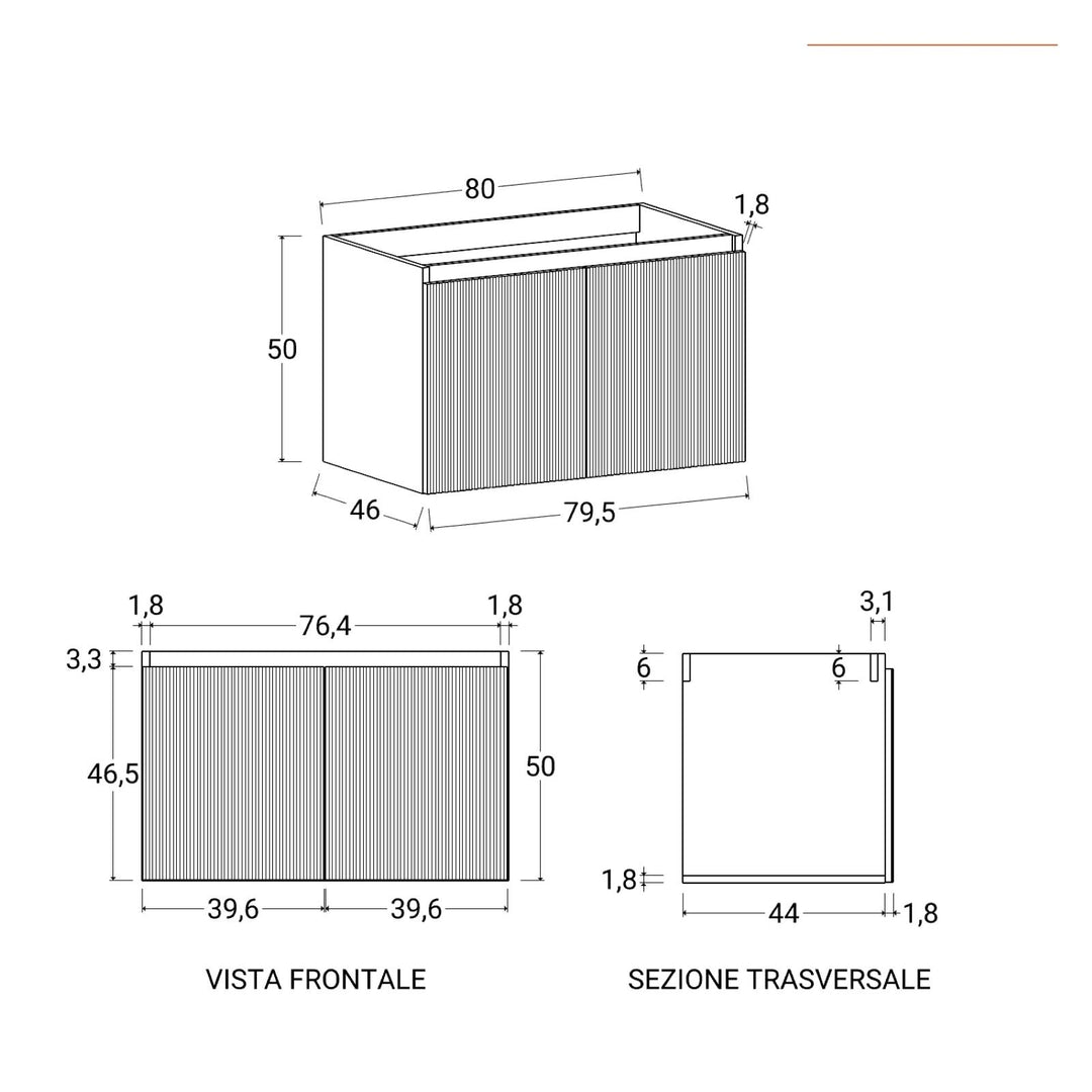 80 cm matt white ribbed suspended bathroom cabinet with right sink and mirror - Nerk