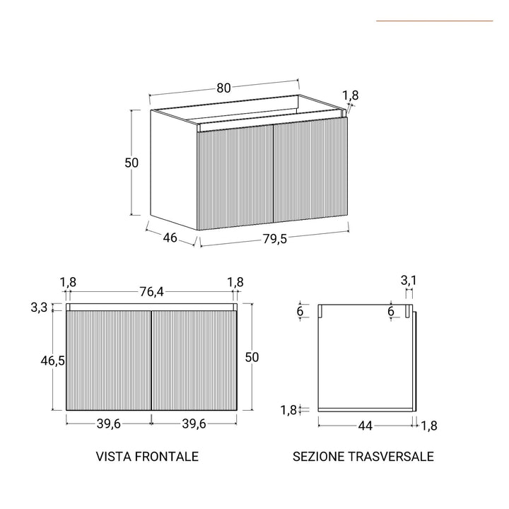 80 cm matt white ribbed suspended bathroom cabinet with right sink and mirror - Nerk