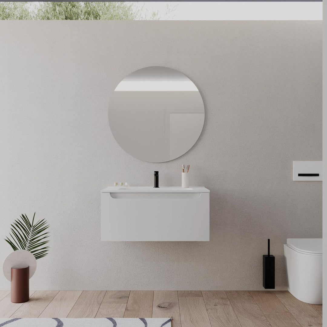 Sleek bathroom cabinet - 80cm matt white with integrated sink and mirror