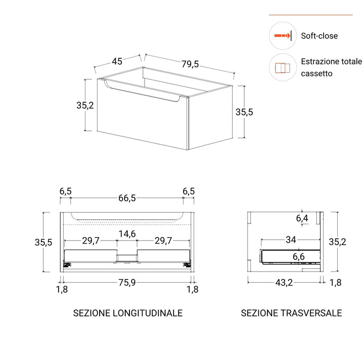 80cm matt white suspended bathroom cabinet with integrated sink and mirror - Sleek