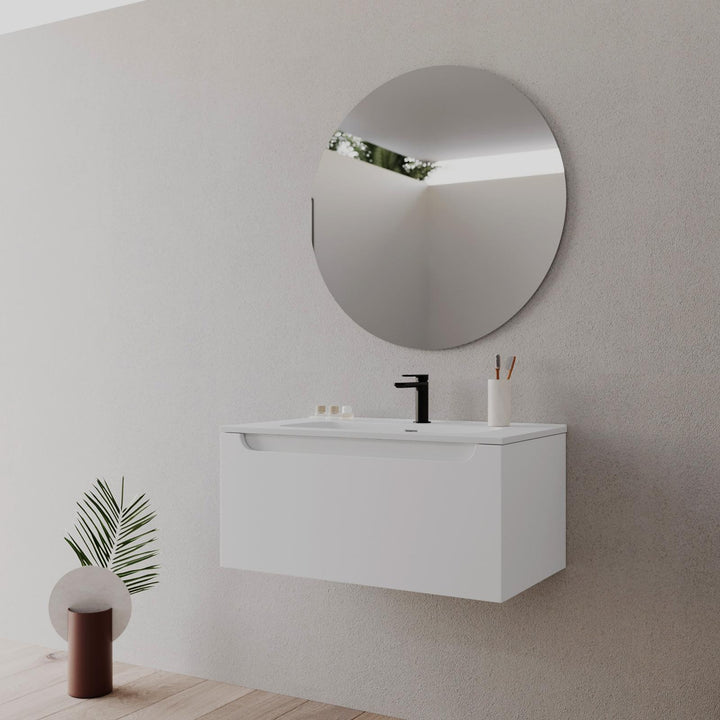 80cm matt white suspended bathroom cabinet with integrated sink and mirror - Sleek
