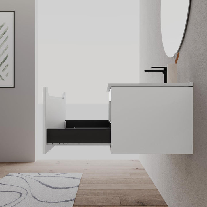 80cm matt white suspended bathroom cabinet with integrated sink and mirror - Sleek