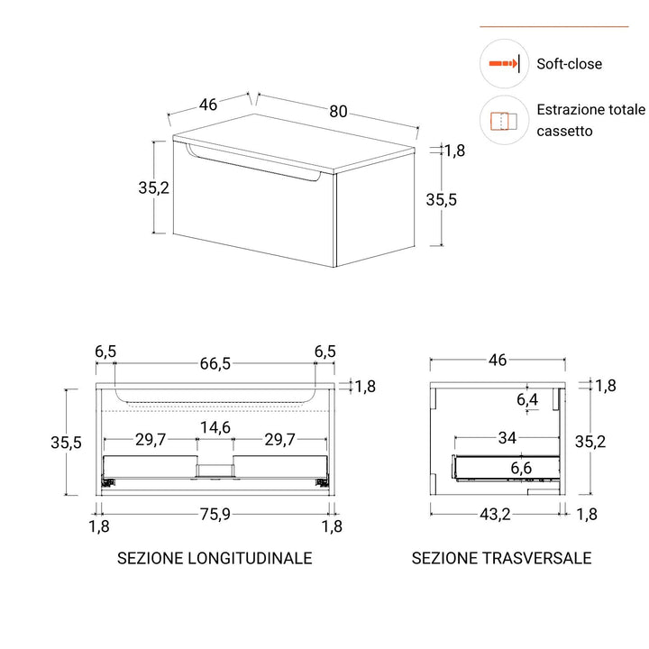 80cm matt white suspended bathroom cabinet with top and mirror - Sleek - Image 9