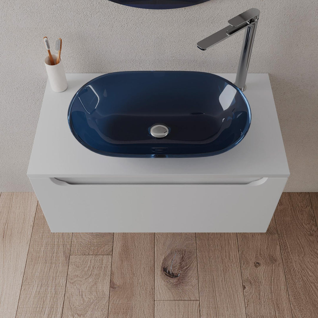 80cm matt white suspended bathroom cabinet with top and mirror - Sleek - Image 3