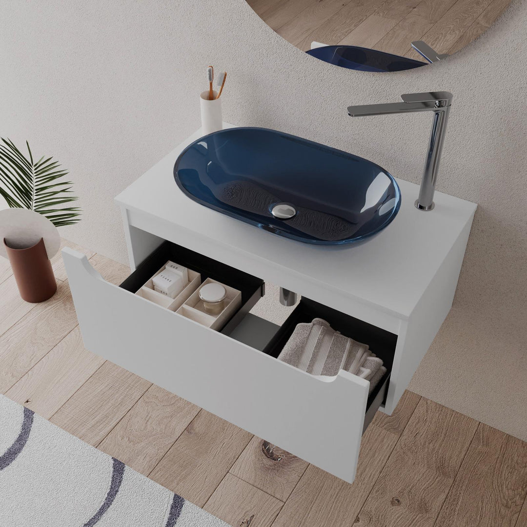 80cm matt white suspended bathroom cabinet with top and mirror - Sleek - Image 4