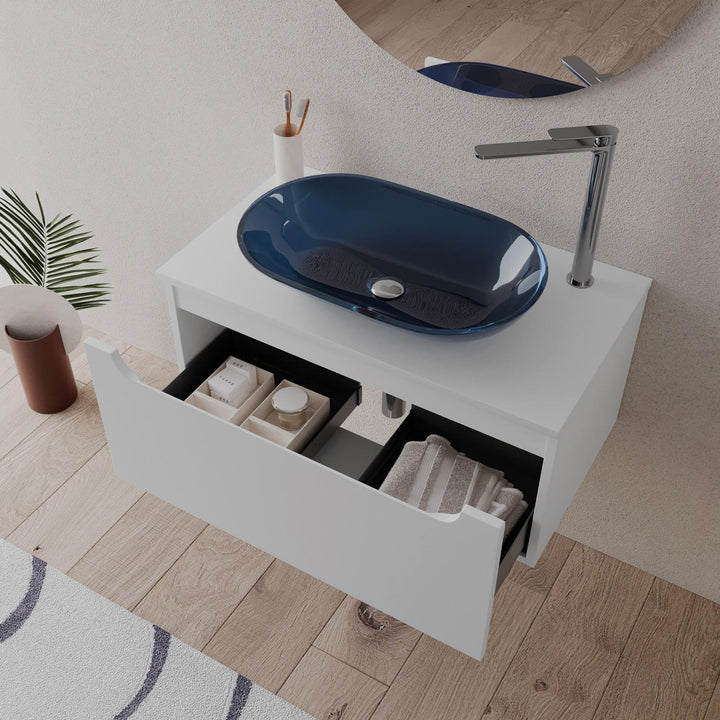 80cm matt white suspended bathroom cabinet with top and mirror - Sleek - Image 4