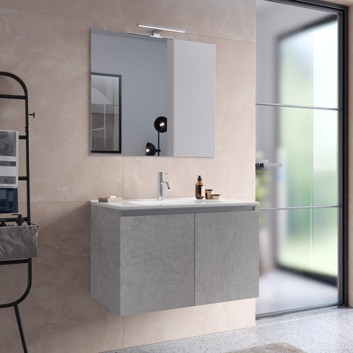 Suspended bathroom cabinet with 80 cm stone grey doors with sink and mirror - Cuki