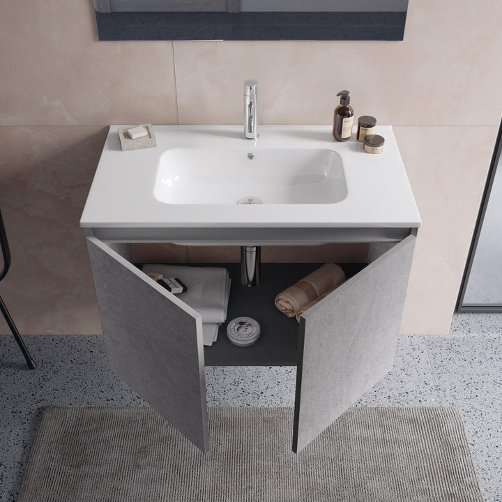 Suspended bathroom cabinet with 80 cm stone grey doors with sink and mirror - Cuki
