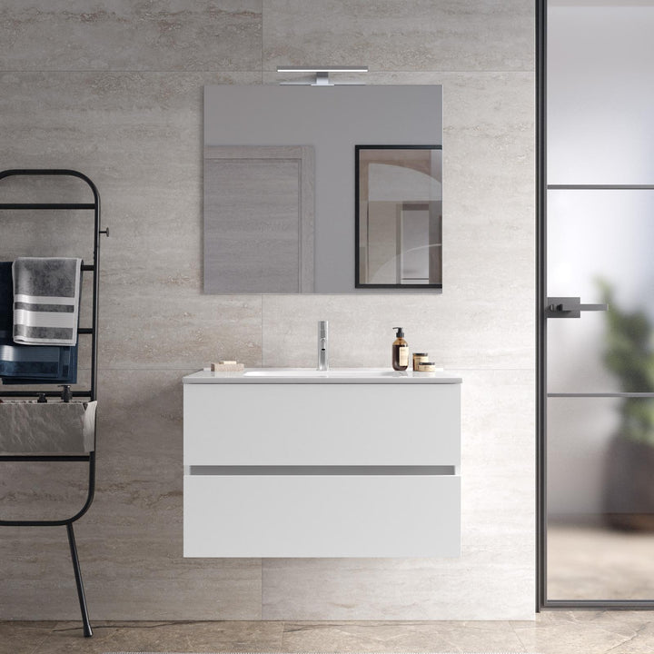 Suspended bathroom cabinet with drawers 80 cm matt white with sink and mirror - Cuki