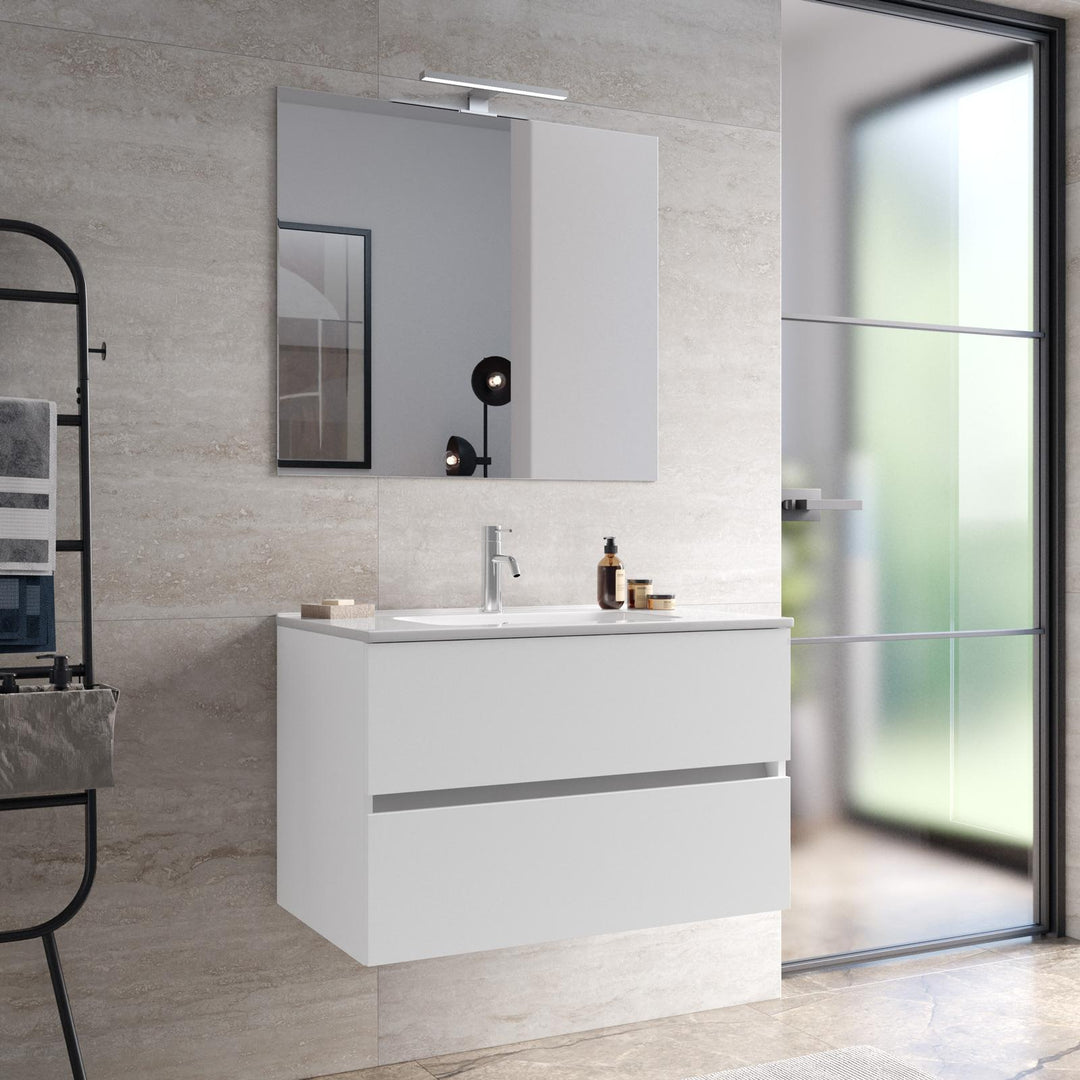 Suspended bathroom cabinet with drawers 80 cm matt white with sink and mirror - Cuki