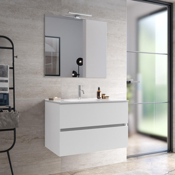 Suspended bathroom cabinet with drawers 80 cm matt white with sink and mirror - Cuki