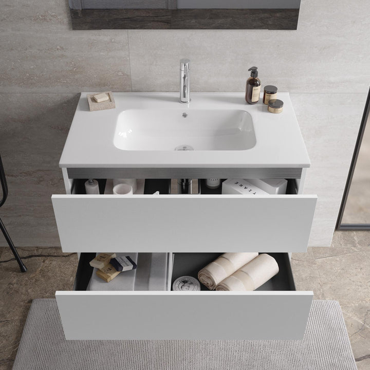 Suspended bathroom cabinet with drawers 80 cm matt white with sink and mirror - Cuki