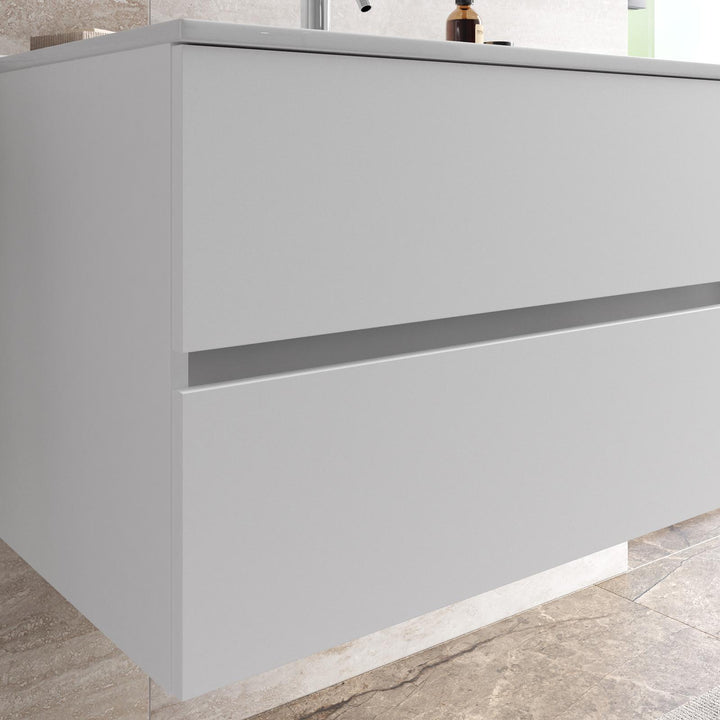 Suspended bathroom cabinet with drawers 80 cm matt white with sink and mirror - Cuki